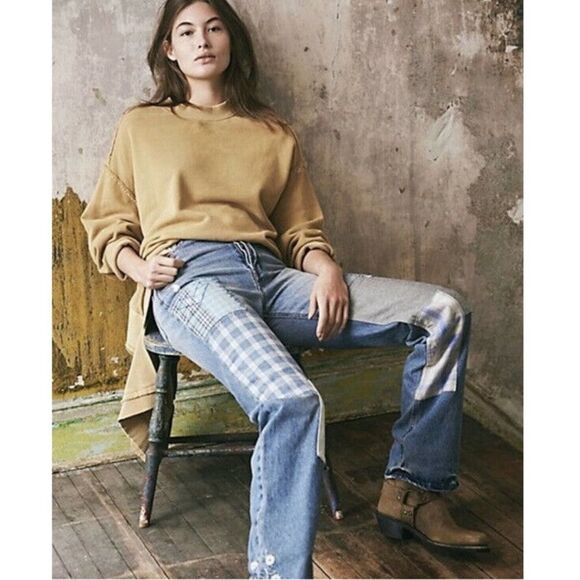 We The Free For Free People Steinbeck Patchwork Straight Leg Denim Jeans Size 27 - Picture 1 of 16